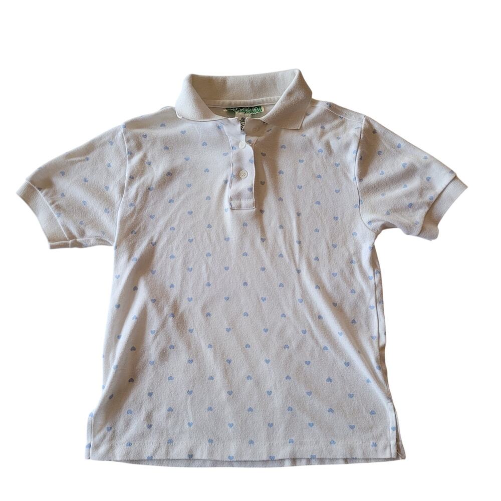 Vintage White Polo Shirt Blue Heart Print Short Sleeve 90s Preppy Crabgrass